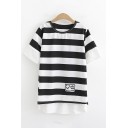 Casual Cute Girls Short Sleeve Round Neck Stripe Print Embroidery Slit Sides Relaxed Fit T-Shirt