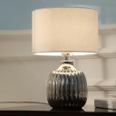 Drum Shaped Table Lamp Simplicity Fabric 1 Head White Desk Light with Metal Prismatic Base for Bedroom
