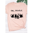 Lovely Girls Roll Up Sleeve Crew Neck Letter EW PEOPLE Cat Graphic Regular Fit T-Shirt