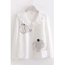 Cute Fancy White Long Sleeve Peter Pan Collar Button Down Elephant Pattern Regular Fit Shirt for Girls