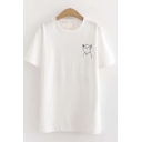 Simple Cute Girls Short Sleeve Round Neck Cat Patterned Regular Fit T-Shirt