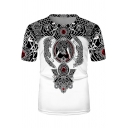 Casual Mens Short Sleeve Crew Neck Flower Wolf Patterned Slim Fit T Shirt in White
