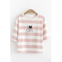 Leisure Womens Three-Quarter Sleeve Round Neck I CATS Cat Stripe Graphic Relaxed Fit T Shirt