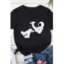 Popular Trendy Girls Rolled Short Sleeve Round Neck Astronaut Printed Loose Tee Top