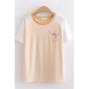 Pretty Girls Short Sleeve Round Neck Pig Printed Colorblock Loose Fit T Shirt
