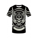 Punk Boys Black Short Sleeve Round Neck Skull Wings Printed Loose Fit T Shirt