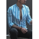 Chic Street Guys Rolled Long Sleeve Stand Collar Button Up Stripe Printed Curved Hem Fitted Shirt in Blue