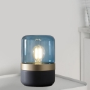 Blue Glass Cylinder Nightstand Light Modern 1 Head Night Table Lamp with Metal Base for Bedroom