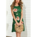 Fashionable Formal Ladies Short Sleeve Round Neck All Over Floral Pattern Bow Tie Waist Short A-Line Dress