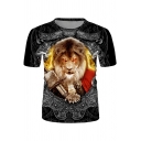 Guys Short Sleeve Crew Neck Lion 3D Print Relaxed T-Shirt in Black