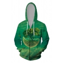 Popular Long Sleeve Drawstring Zip Up Tree 3D Print Loose Fit Hoodie in Green