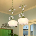 1-Light White Glass Pendant Lamp Korean Garden Green Scalloped Dining Room Hanging Light with Flower Design