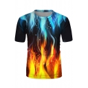 Fancy Boys Short Sleeve Crew Neck Flame Patterned Color Block Slim Fit T-Shirt in Yellow