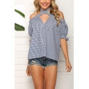 Trendy Womens Bow Tie Short Sleeve Halter Crisscross Hollow Out Plaid Printed Loose Fit Blouse Top in Blue