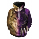 Fancy Guys Long Sleeve Drawstring 3D Wolf Pattern Color Block Loose Fit Hoodie in Purple