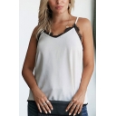Simple Ladies Sleeveless V-Neck Lace Trim Contrasted Regular Fit Cami Top