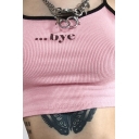 Sexy Girls Sleeveless Letter BYE Print Contrast Piped Knitted Fit Crop Cami in Pink