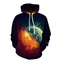 Designer Boys Long Sleeve Drawstring Planet Flame Water 3D Pattern Relaxed Fit Black Hoodie with Pocket