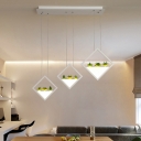 3-Rhombus Dining Room Ceiling Light Acrylic LED Contemporary Cluster Pendant Lamp in White with Plant Deco, Warm/White Light