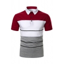 Casual Mens Short Sleeve Lapel Neck Button Up Color Block Striped Regular Fit Polo Shirt