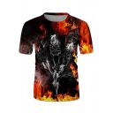Trendy Black Short Sleeve Crew Neck Skull Flame 3D Pattern Loose Fit T Shirt for Boys