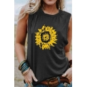 Fashionable Womens Sleeveless Round Neck Sunflower Printed Relaxed Fit Tank Top