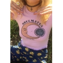 Fancy Girls Pink Short Sleeve Crew Neck Letter SOULMATES Cartoon Moon and Sun Print Stringy Selvedge Fit Crop Graphic Tee