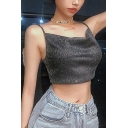 Sexy Girls Sleeveless Cowl Neck Bling Bling Sequins Fitted Crop Black Cami Top for Nightclub