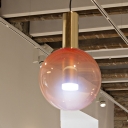 Spherical Fading Pink Glass Hanging Light Postmodern Brass LED Ceiling Pendant Lamp with Grip