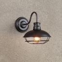 Saucer Restaurant Sconce Lamp Fixture Industrial Iron 1 Light Black/Coffee Finish Wall Mounted Light with Cage