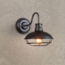 Saucer Restaurant Sconce Lamp Fixture Industrial Iron 1 Light Black/Coffee Finish Wall Mounted Light with Cage