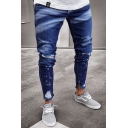 Popular Mens Dark Blue Mid Rise Bleach Distressed Zipper Detail Ankle Slim Fitted Jeans
