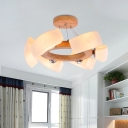 Japanese 6 Lights Ring Chandelier Light Wood Curved Ceiling Hang Fixture with White Glass Shade