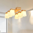 6-Light Dining Table Island Pendant Nordic Wood Hanging Lamp with Trapezoid White Glass Shade