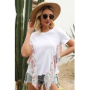 Casual Chic Womens Short Sleeve Round Neck Floral Print Mesh Ruffled Patched Relaxed Fit T-Shirt in White