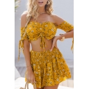 Beach Girls Short Sleeve Off the Shoulder Drawstring Allover Floral Fitted Crop Top & Elastic Waist Relaxed Shorts Set in Yellow