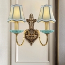 Vintage Scalloped Sconce Light Fixture 1/2-Bulb Fabric Wall Mounted Lamp with Brass Curved Arm