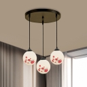 Country Sphere Multi Hanging Light Fixture 3-Light White Glass Pendant Lamp with Flower Pattern, Round/Linear Canopy