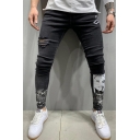 Punk Cool Mens Mid Rise Cartoon Geo Patterned Ripped Ankle Skinny Jeans in Black