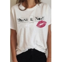 Casual Womens Short Sleeve Round Neck Letter THANK U NEXT Lip Graphic Relaxed Fit Tee Top in White