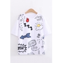 Chic Street Girls Short Sleeve Round Neck All Over Letter Mixed Cartoon Print Loose Fit T-Shirt