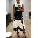 Chic Womens Sleeveless Crew Neck Stripe Print Colorblocked Slit Sides Asymmetric Hem Long A-Line Dress
