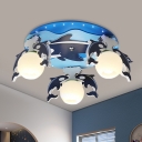 Dolphin Flush Mount Cartoon Wood 3 Bulbs Blue LED Flush Ceiling Light with Orb White Glass Shade