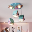 House Shape Multi Light Pendant Kids Wood 5 Lights Blue LED Hanging Lamp Fixture