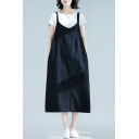 Womens Solid Color Casual Sleeveless V-Neck Linen and Cotton Patchwork Long Oversize Suspender Dress