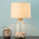 Drum Fabric Nightstand Light Rustic 1 Light Living Room Table Lighting in White with Clear Glass Jar Base