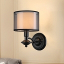 Traditional Cylinder Wall Sconce Light 1 Bulb Fabric Wall Mounted Lamp in Black with White Shade Inner