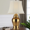 Antiqued Gold Single Night Lamp Vintage Fabric Flared Table Light with Urn Pedestal