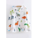New Trendy Girls Rolled Up Sleeve Hooded Button Up All Over Cartoon Printed Sun-Protection Loose Jacket in White