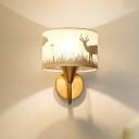1 Bulb Drum Shade Wall Light Rural Brass Grid Fabric Sconce Lighting with Elk/Leaf Pattern